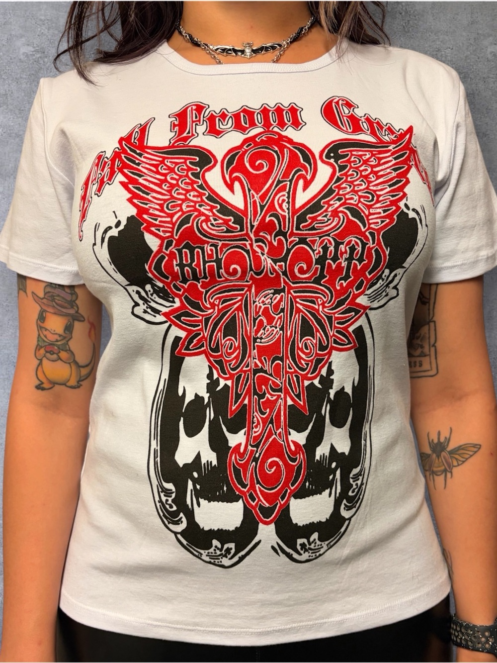 White Short-Sleeve Graphic Tee with Red & Black Crest Y2K vibes